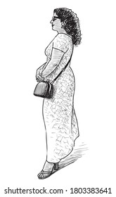 Sketch of casual city woman in long dress standing outdoors