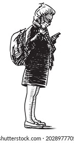 Sketch of casual city woman in mask with backpack standing outdoors and looking at her smartphone