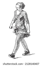 Sketch of casual city woman with  mobile phone in  hand striding down street alone