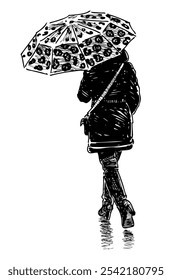 Sketch of casual city woman under umbrella walking outdoors alone, back view, realistic hand drawing vector illustration