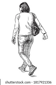 Sketch of casual city woman walking along street on summer day