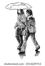 Sketch of casual couple city girls under umbrella walking in rain together, vector hand drawn illustration isolated on white
