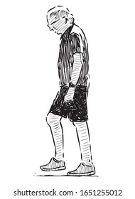 Sketch of casual elderly man walking along street