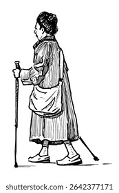 Sketch of casual elderly towns woman with sticks doing Nordic walking, side view, realistic vector outline hand drawn illustration isolated on white