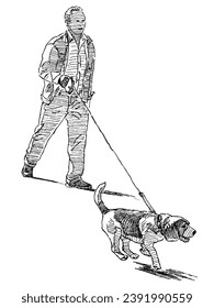 Sketch of casual man with his pointer dog walking outdoor