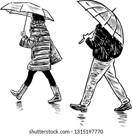 A sketch of casual pedestrians walking in the rain