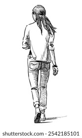 Sketch of casual slim city girl with long hair in jeans walking outdoors alone, back view, realistic hand drawing isolated on white, vector illustration