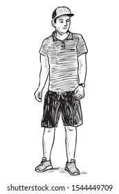 Sketch of casual teen boy standing and smiling in wait