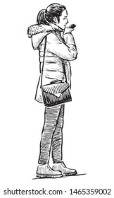 Sketch of a casual teen girl talking on her mobile phone