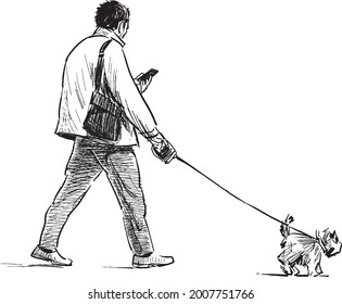 Sketch Of Casual Towns Man With Lap Dog Walking Outdoors And Looking At Phone