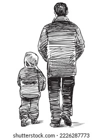 Sketch of casual townsman with little child walking together outdoors 