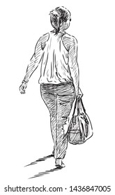 Sketch of a casual townswoman going down the street in a summer day