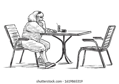 Sketch of casual townswoman sitting in outdoor caffe in wait