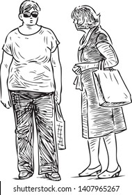 Sketch of the casual townswomen talking on the street