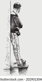 Sketch of casual urban man leaning against wall, waiting and looking away