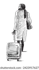 Sketch of casual urban woman brunette in coat  with suitcase walking alone down the street on trip, black and white hand drawing isolated on white