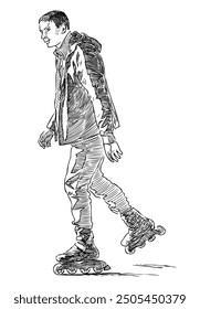 Sketch of casual young citizen roller skating, vector hand drawn illustration isolated on white