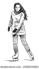 Sketch of casual young city girl roller skating, black and white vector hand drawing isolated on white