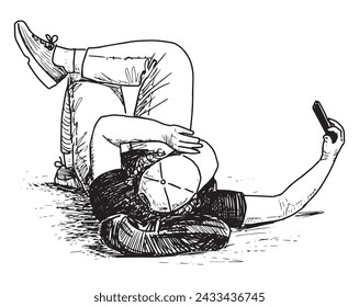 Sketch of casual young city man lying outdoors for resting and looking at smartphone, black and white vector hand drawing isolated on white