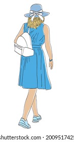 Sketch of casual young city woman in blue dress in hat with backpack walking outdoors on summer day