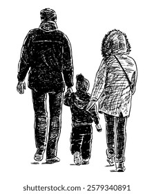 Sketch of casual young family, parents, child walking outdoors, realistic vector hand drawing