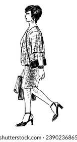 Sketch of casual young fashionable city woman with shopping bags walking outdoors on summer day