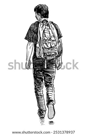Sketch of casual young man with backpack walking away on summer day, realistic hand drawing, vector illustration isolated on white