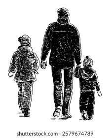 Sketch of casual young man, father with children walking outdoors, realistic vector hand drawing