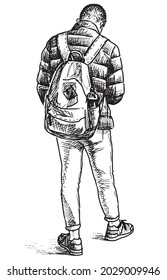 Esbozo de un joven casual con una mochila al aire libre esperando
