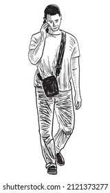 Sketch of casual young man with smartphone walking outdoors alone on summer day