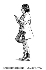 Sketch of casual young modern city woman with handbag standing, using smart phone outdoors alone, side view, realistic hand drawing, vector illustration
