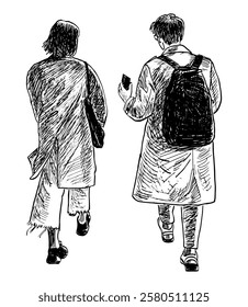 Sketch of casual young modern people couple walking outdoors, back view, realistic, vector hand drawing 