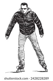 Sketch of casual young townsman in sunglasses roller skating, black and white vector hand drawing isolated on white