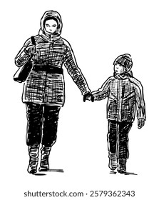 Sketch of casual young woman, mother with child walking outdoors, realistic vector hand drawing