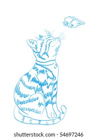 Sketch of a cat and butterfly .