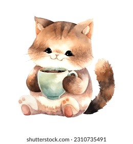 Sketch cat with cup of coffee watercolor for print design. Template, background, banner, card, poster. Cartoon style character. Love concept.