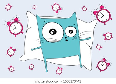 sketch of a cat drawn in vector wake up in the morning did not get enough sleep due to insomnia with an alarm clock on the pillow