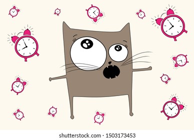 sketch of a cat drawn in vector wake up in the morning did not get enough sleep due to insomnia with an alarm clock