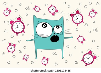 sketch of a cat drawn in vector wake up in the morning did not get enough sleep due to insomnia with an alarm clock