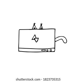 Sketch of a cat with an open laptop and the cat's ears sticking out from behind it