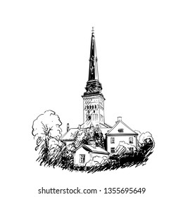 Sketch of Cathedral in Vasteras, Sweden. Hand drawn illustration