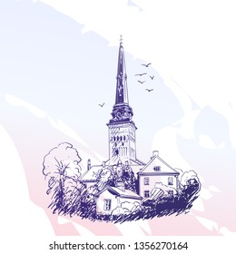 Sketch of Cathedral in Vasteras, Sweden. Hand drawn illustration on soft gradient background