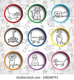 Sketch cats collection in 3d circles, vector illustration, eps10, vector illustration, 4 layers (easy editable). Bonus! Seamless cat background (2nd layer)!