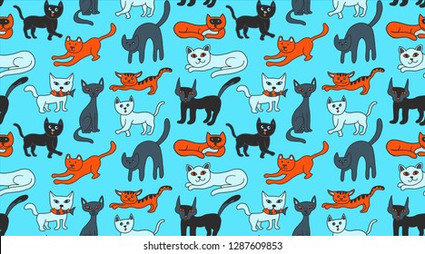 Sketch cats cute colorful seamless pattern. Kitten poster, banner background template. Cats can used as print for baby apparel, t-shirts, kids clothes, cards, packaging design.