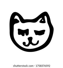 Sketch of a cat's head in doodle style. Closed eyes and a rounded head. Black on white.