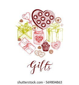 Sketch celebration holiday object set with gifts (candy jar, tulips, box of chocolates, cake). illustration isolated on white background. Template for label poster, logo, web, card, event invitation