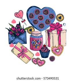 Sketch celebration holiday object set with gifts (candy jar, tulips, box of chocolates, cake). illustration isolated on white background. Template for label poster, logo, web, card, event invitation
