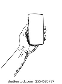 Sketch of cell phone blank screen, Hand holding mobile, Hand drawn illustration