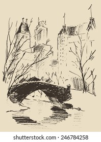 Sketch Of A Central Park (New York) Landscape With A Bridge Over The River, Hand Drawn Vector Illustration