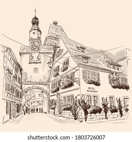 Sketch of the central street of a European city with multi-storey buildings and pedestrians.